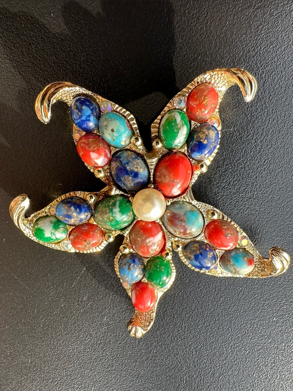 Vintage Cathe Starfish Faux Lapis Jade Coral Cabochon 1960s Nautical MCM Brooch